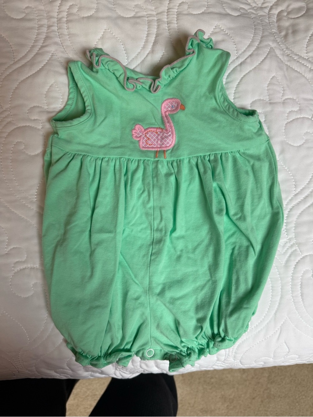 Bailey Boys Green Romper w Pink Flamingo Applique